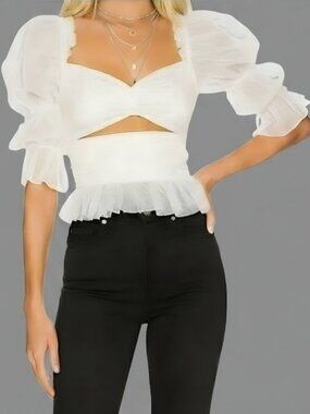 LPA Dolores Top Ivory Swiss Dot Puff Sleeve Cutout Peplum Blouse Size M